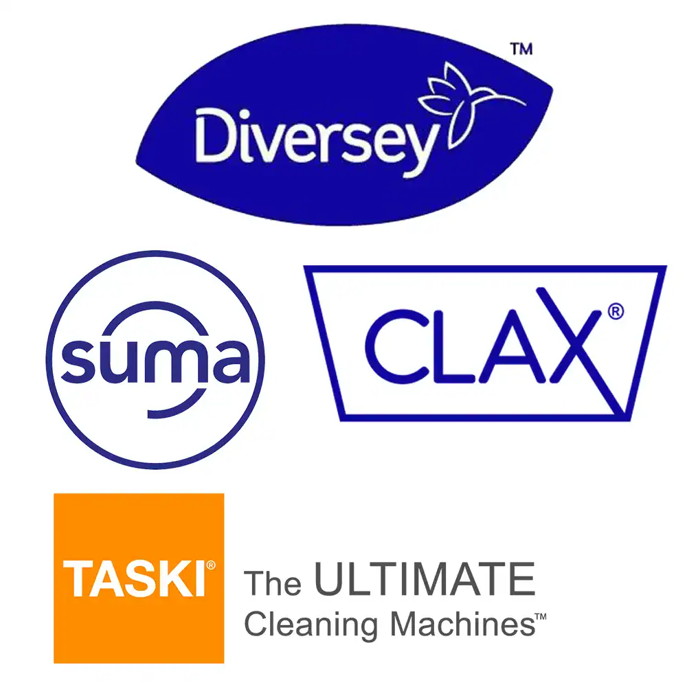 Diversey, Suma, CLAX, and TASKI cleaning product logos showcasing professional cleaning solutions at Beyond Hygiene Asia.