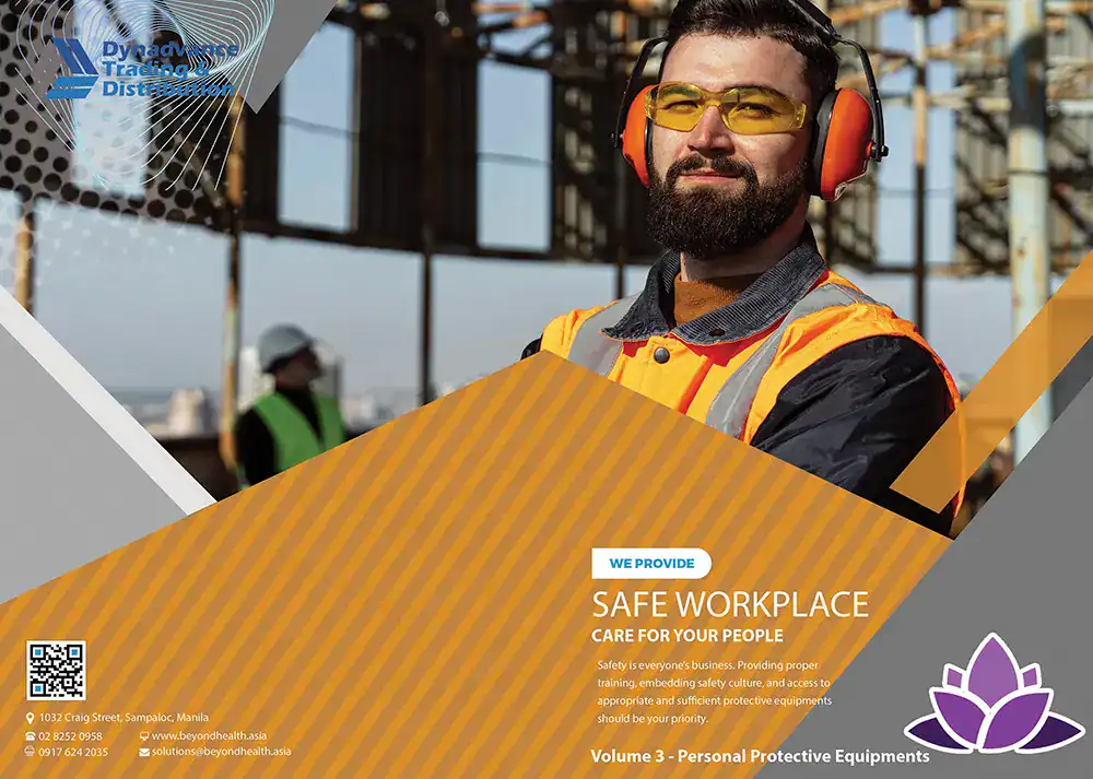 High-visibility worker wearing protective gear on construction site, emphasizing workplace safety and personal protective equipment services by Beyond Hygiene Asia.