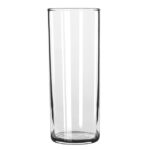Clear tall drinking glass, transparent beverage glass for water or juice, highball glass for serving drinks, sleek and modern glassware for dining and hospitality settings.