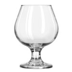 Clear glass snifter for beverages, showcasing hygiene and cleanliness, ideal for tabletop presentation and sanitation focus.