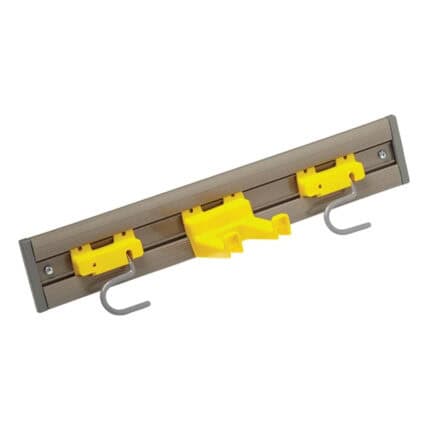Climbing harness anchor point with yellow safety hooks on wooden board, used for securement and safety in industrial or construction environments.