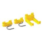 Yellow safety hook and latch for hygiene equipment, durable plastic with metal hooks, used for secure and easy attachment in cleaning and sanitation processes.