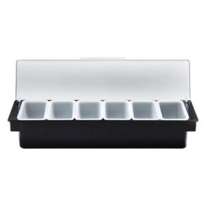 Plastic utensil holder with multiple compartments, ideal for organizing cutlery and kitchen essentials.