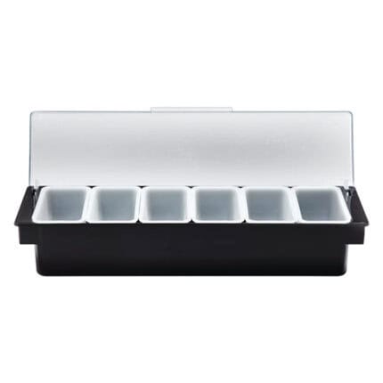 Plastic utensil holder with multiple compartments, ideal for organizing cutlery and kitchen essentials.