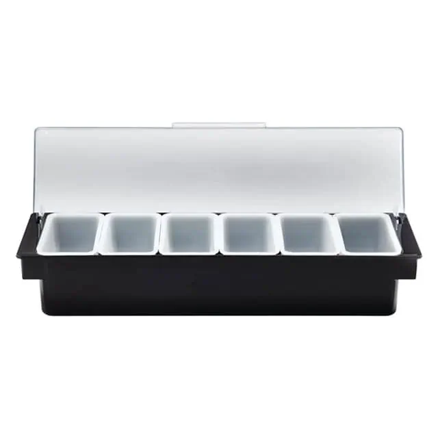 Plastic utensil holder with multiple compartments, ideal for organizing cutlery and kitchen essentials.