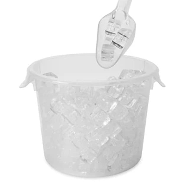 0040100_2.jpg Assorted ice cubes falling into a clear plastic bucket for cleaning and sanitation.