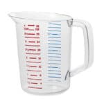 Measuring jug with red and blue measurement markings for liquids, transparent plastic, used in food preparation and cooking.