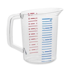 1. Clear plastic measuring jug with red and blue measurement markings for precise liquid measurement in kitchens or laboratories.