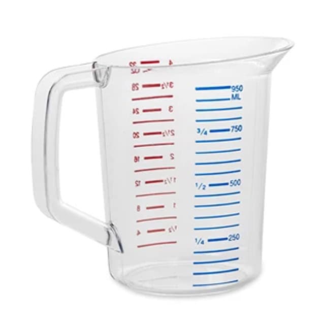 0040135_2.jpg 1. Clear plastic measuring jug with red and blue measurement markings for precise liquid measurement in kitchens or laboratories.