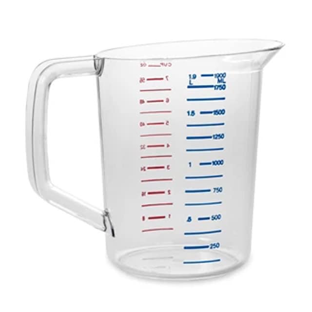 0040140_2.jpg 2. Clear plastic measuring jug with red and blue measurement markings for precise liquid measurement.