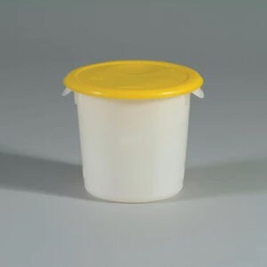White plastic bucket with yellow lid for cleaning supplies and sanitation products.