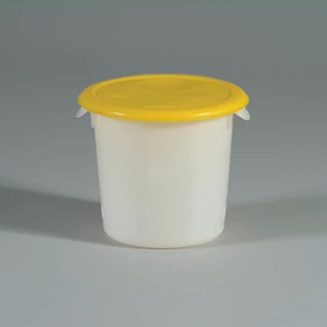 0041026_2.jpg White plastic bucket with yellow lid for cleaning supplies and sanitation products.