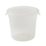 Clear plastic sanitation bucket for hygiene and cleaning purposes, ideal for healthcare and foodservice environments.