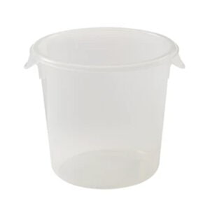 Clear plastic sanitation bucket for hygiene and cleaning purposes, ideal for healthcare and foodservice environments.