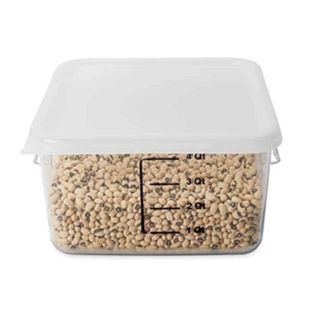 0041215_2.jpg Beige plastic beads in a clear storage container with a white lid, used for industrial or commercial hygiene and cleaning purposes.