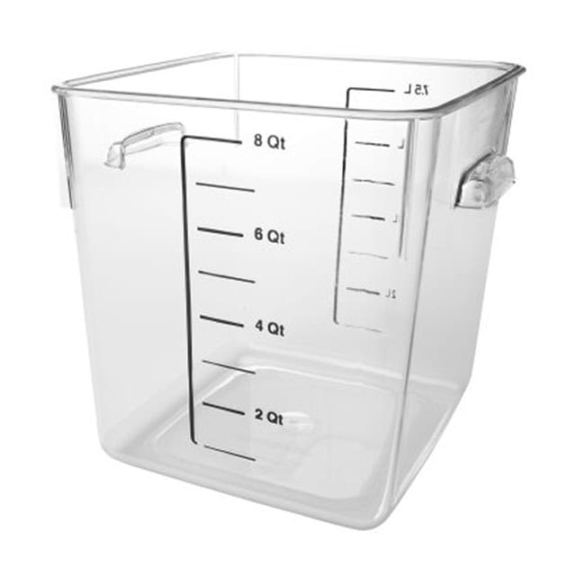 0041230_1.jpg Plastic measurement storage container for kitchen or laboratory use, featuring clearly marked quart measurements for precise ingredient or liquid measurement.