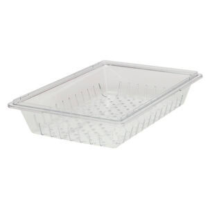 Clear plastic food storage container with vented lid for hygiene and freshness.
