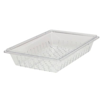 Clear plastic food storage container with vented lid for hygiene and freshness.