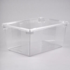 Clear plastic storage box for hygiene organization and sanitization solutions.