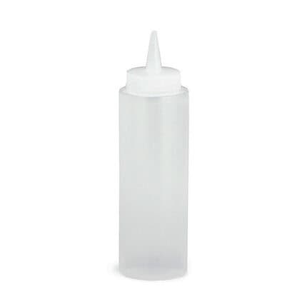 Flexible clear squeeze bottle for liquids, ideal for hygiene and cleaning products.