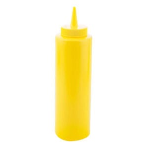 Yellow condiment squeeze bottle, ideal for sauces and toppings, used in food service and catering, premium quality for efficient dispensing.