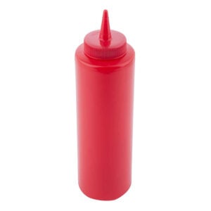 Red squeeze bottle with pointed nozzle, ideal for condiments or sauces. Suitable for food service and catering, promoting hygiene and convenience. Perfect for use in restaurants, cafes, and food trucks.