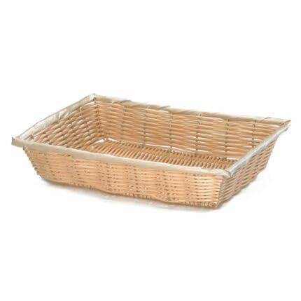 Woven wicker rectangular bread basket, ideal for food presentation and storage, crafted with durable natural materials for bakery and catering use.