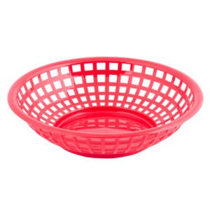 Red plastic fruit basket, lightweight and durable kitchen storage bowl, perfect for fruit, vegetables, and snacks, ideal for home or commercial use.
