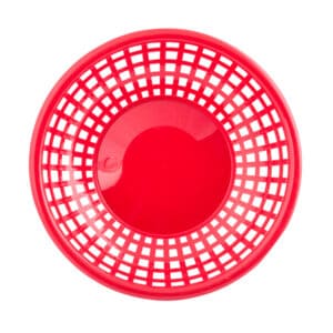 Red plastic laundry basket with a solid base and open-grid sides for air circulation, ideal for clothes and household organization.