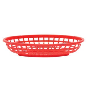 Red plastic laundry basket for hygiene organization and storage, ideal for commercial and home use.