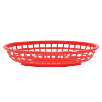 Red plastic laundry basket for hygiene organization and storage, ideal for commercial and home use.