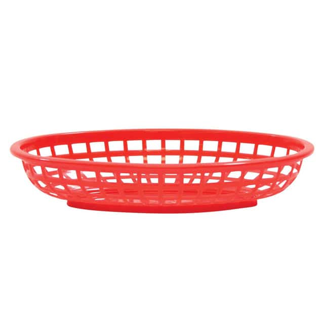 0048244_1.jpg Red plastic laundry basket for hygiene organization and storage, ideal for commercial and home use.