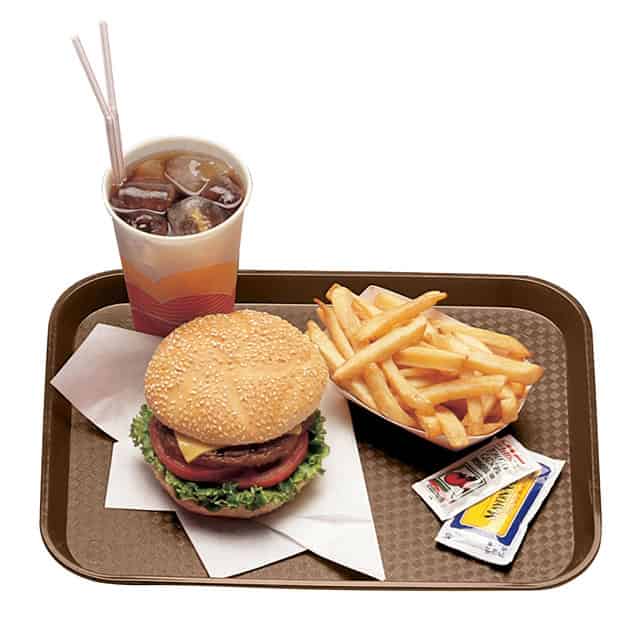 0048480_2.jpg Burger with lettuce, tomato, cheese, French fries, soda, and sauces on a brown tray.