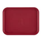Red plastic serving tray, used for food presentation and catering purposes.