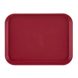 Red plastic serving tray, used for food presentation and catering purposes.