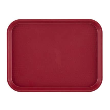 Red plastic serving tray, used for food presentation and catering purposes.