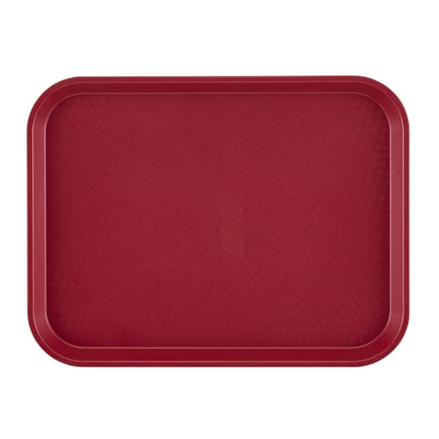 0048488_1.jpg Red plastic serving tray, used for food presentation and catering purposes.