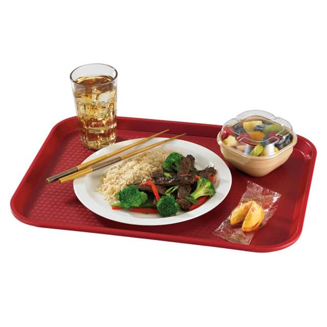 0048488_2.jpg Vegetarian Asian meal with rice, beef, broccoli, and vegetables served on a red tray with a glass of tea and fruit salad.