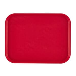 Red plastic tray for food service and catering, durable and hygienic.