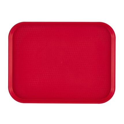 Red plastic tray for food service and catering, durable and hygienic.