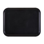 Black serving tray for food presentation, durable and easy to clean. Perfect for catering, restaurants, and hospitality settings to enhance dining experiences.