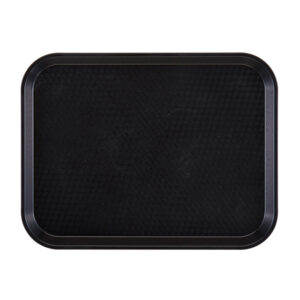 Black serving tray for food presentation, durable and easy to clean. Perfect for catering, restaurants, and hospitality settings to enhance dining experiences.