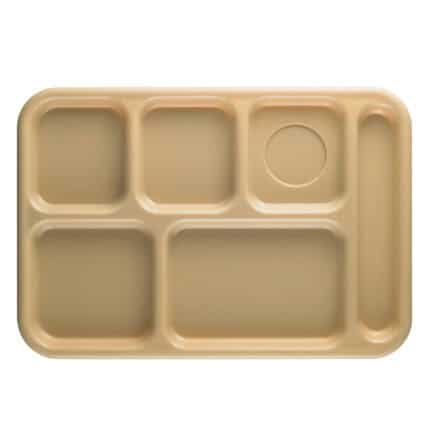 Reusable beige cafeteria tray with multiple compartments for food separation.