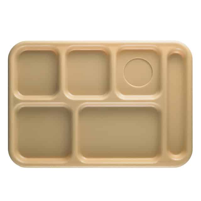 Reusable beige cafeteria tray with multiple compartments for food separation.