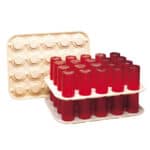 Red disposable cups in a plastic tray with a compartmentalized lid, used for serving beverages at events or parties.
