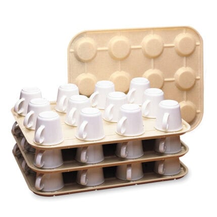 White ceramic mugs stacked on tiered trays with a beige tray lid, designed for commercial use and eco-friendly storage solutions.