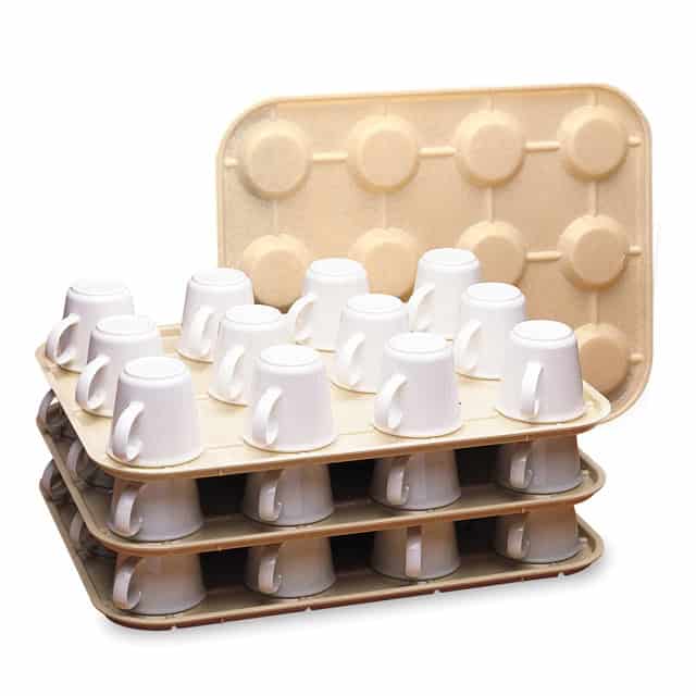 0048558_1.jpg White ceramic mugs stacked on tiered trays with a beige tray lid, designed for commercial use and eco-friendly storage solutions.