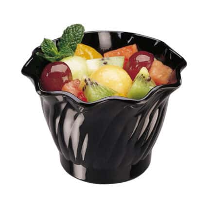 Fresh mixed fruit salad in a black ceramic bowl, vibrant and healthy snack option. Perfect for a nutritious, colorful addition to any meal or as a refreshing dessert.
