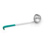 Stainless steel ice cream scoop with teal handle, perfect for serving frozen desserts, commercial kitchens, and bakery use. Robust, durable, and ergonomic design for efficient scooping.