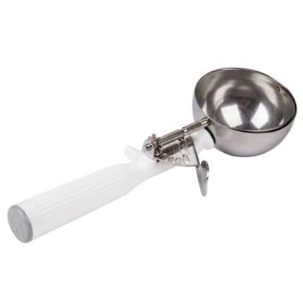 Silicone ice cream scoop with stainless steel bowl for efficient, easy portioning and serving in ice cream shops and kitchens. Perfect for food service and commercial use.
